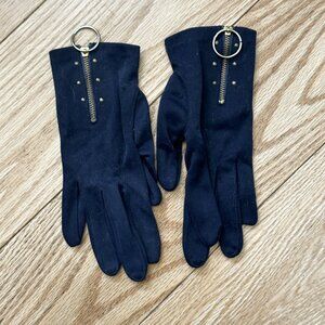 Short wrist-length navy blue nylon gloves with gold-color metal front zipper